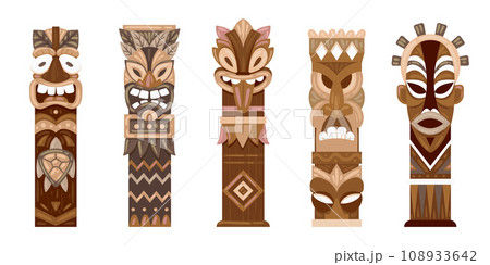 Ritual wooden statues. Cartoon ethnic tiki totems, aboriginal pole totems flat vector illustration set. Hawaiian or african traditional sculptures 108933642