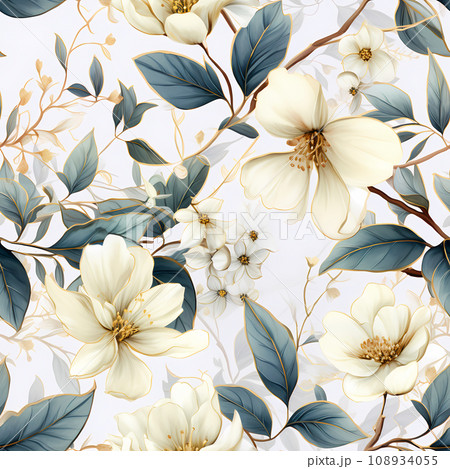 Colorful seamless pattern design of flowers, branches and buds in vintage painting style. Blue spruce color palette. Generative AI. 108934055