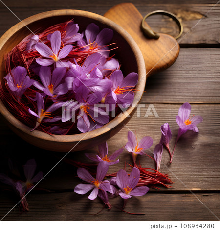 Saffron flowers in wooden bowl on a wooden background Saffron flowers in wooden bowl on a wooden background 108934280