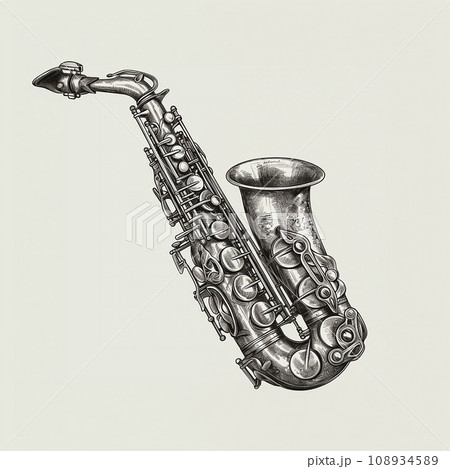 Saxophone, musical instrument, jazz, classical music, vintage retro black and white drawing, engraving style 108934589