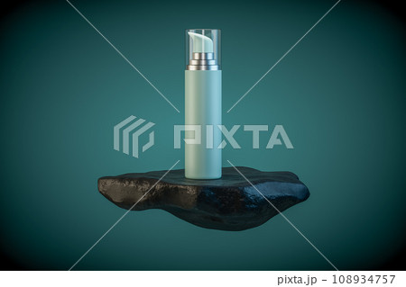 3d illustration of cosmetic container standing on black rock pedestal over dark teal background. 3d illustration of cosmetic container standing on black rock pedestal over dark teal background. 108934757