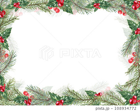 Christmas spruce branches. Green ilex leaves with bunch of red berries. Frame with fir, evergreen plant, Holly leaves. Copy space for text. Watercolor illustration for label, package, greetings. 108934772