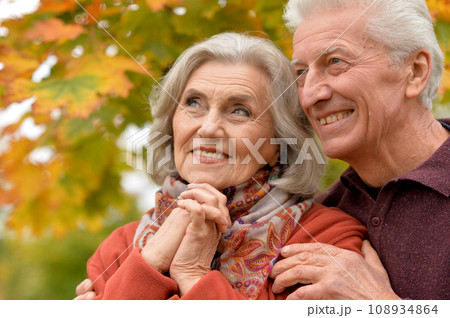 Close up portrait of beautiful senior couple relaxing in park 108934864
