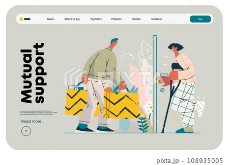 Mutual Support Buying groceries for ill neighbor -modern flat vector concept illustration of man carrying shopping bags for woman on crutches Metaphor of voluntary, collaborative exchanges of services 108935005