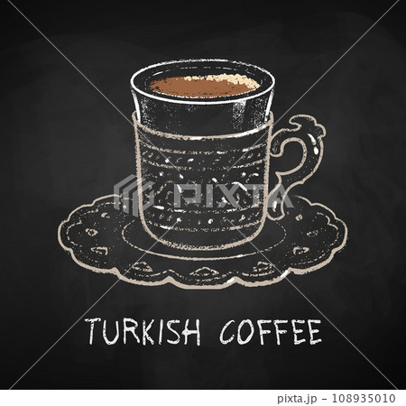 Turkish Coffee cup on black chalkboard background Turkish Coffee cup on black chalkboard background 108935010