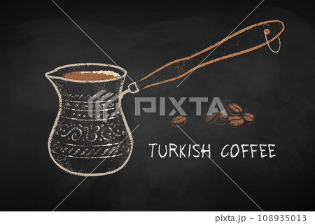 Vintage jezva for coffee. Turka with coffee. Dishes. Vector