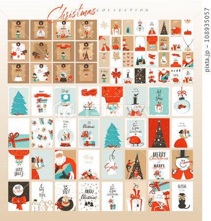 Hand drawn vector abstract fun Merry Christmas time cartoon illustrations greeting cards template and backgrounds big collection set with gift boxes,people and Xmas tree isolated on color background. 108935057
