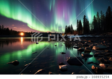 Aurora borealis light on the sky at beautiful place. Background Generative AI 108935254