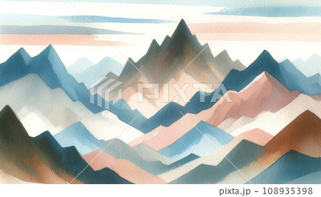 Watercolor artwork showcasing a detailed mountain landscape with layered peaks in shades of blue and pink, reflecting the beauty of dawn. 108935398