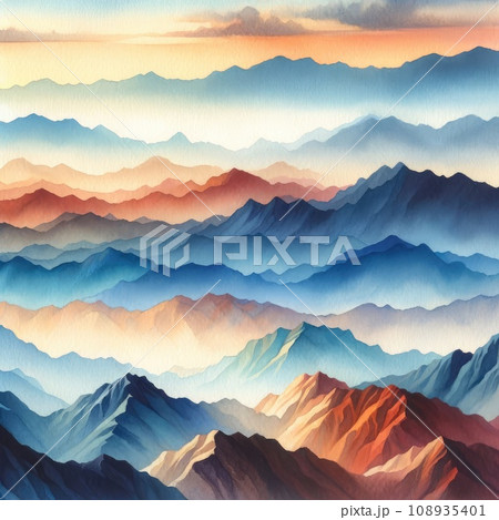 Panoramic watercolor painting illustrating a dynamic range of mountains with rich sunrise hues of blue, orange, and pink, creating a serene yet vibrant landscape. 108935401
