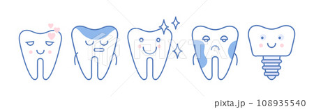 Cute Line Tooth Icon with Face and Smile Vector Set 108935540