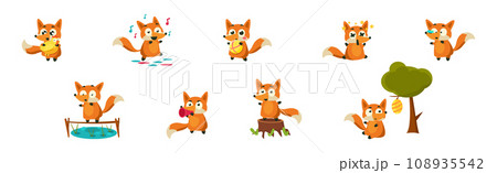 Cute Red Fox with Bushy Tail and Funny Snout Vector Set 108935542