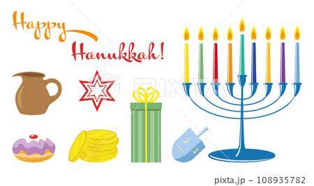 Happy Hanukkah colorful elements collection vector illustration Happy Hanukkah colorful elements collection vector illustration 108935782