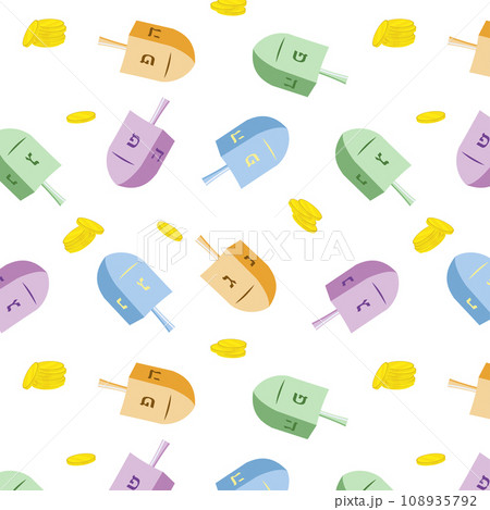 Festive annual Hannukkah seamless pattern with colorful  dreidels and coins. 108935792
