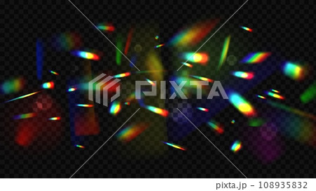 Iridescent overlay background. Bright rainbow flares reflection banner. Abstract diamond lights, sunny rays sparkles burst. Pithy vector glow graphic template 108935832