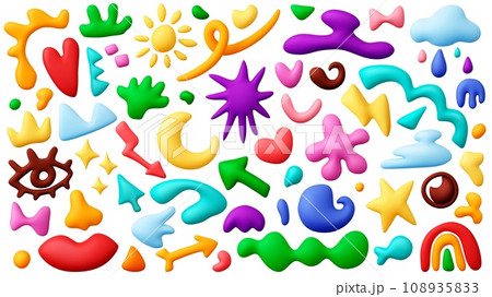 Kid 3d forms. Plasticine abstract elements, isolated realistic kindergarten workshop. Realistic render contemporary pithy vector collection 108935833