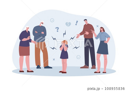 Girl conflict with family. Child disobedience, parents and grandparents scold kid. Abusing relationships, childish bad behavior kicky vector concept 108935836