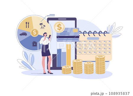 Personal budget planning. Female analysis finance, expenses and income. Girl save and invest money, thinking about life kicky vector concept 108935837