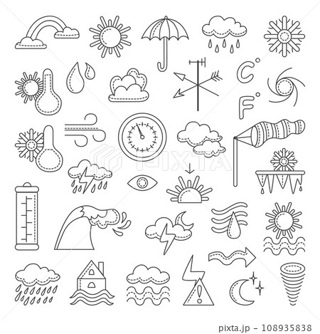 Meteorology doodle set. Weather icons, clouds and raindrops, sun and snowflakes. Isolated seasonal forecast, windy and rainy neoteric vector symbols 108935838