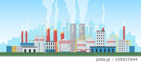 Factory zone in city. Industrial park with warehouses, pipes and tanks. Modern manufacture and town silhouette. Pollution decent vector scene 108935844