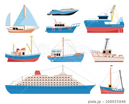 Cartoon flat boats and ships. Fishing and travel ship, trawlers and yachts. Sea or ocean adventures and transportation decent vector elements 108935846
