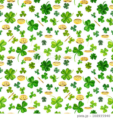 Watercolor seamless pattern with magic coins and trefoil and four-leaf clovers. Illustrations with metal and natural texture in vintage style isolated on white background 108935940