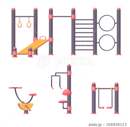 Workout equipment. Fitness in park outdoor gym machine exact vector tools for active lifestyle Workout equipment. Fitness in park outdoor gym machine exact vector tools for active lifestyle 108936123