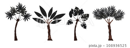 Set of palm trees: coconut and banana. Large carved leaves and dark trunks. Plants. Vector illustration. Set of palm trees: coconut and banana. Large carved leaves and dark trunks. Plants. Vector illustration. 108936525