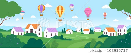 Hot air balloons landscape. Village in valley with cute white houses at mountains. Cozy rural panoramic landscape. Outdoor travel racy vector scene 108936737