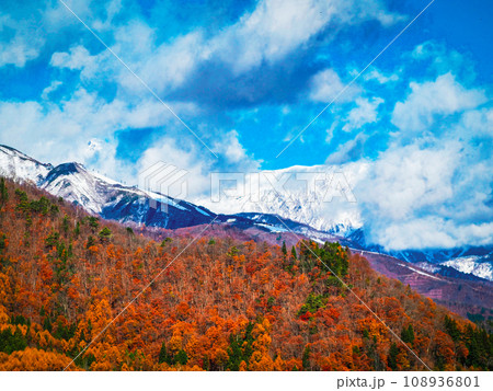 冠雪の北アルプスと紅葉の山 冠雪の北アルプスと紅葉の山 108936801