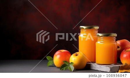 Homemade delicious apple compote in a glass jar. Organic Orange Apple jam. Homemade delicious apple compote in a glass jar. Organic Orange Apple jam. 108936847