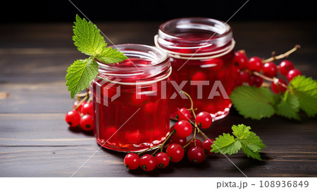 Red currant jam on a wooden table. Organic dessert. Red currant jam on a wooden table. Organic dessert. 108936849
