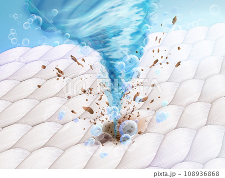 Wash swirl on fabric. Powerful laundry cyclone on macro textile background, detergent water twister for stains removal in dirty fiber clothes, clean ad 3d exact vector illustration 108936868