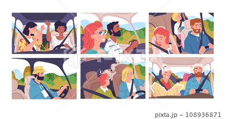 Friends driving car. Funny adventurous go to vacation inside cars interior, family or student road trip, happiness drive travel on vehicle transportation classy vector illustration Friends driving car. Funny adventurous go to vacation inside cars interior, family or student road trip, happiness drive travel on vehicle transportation classy vector illustration 108936871