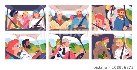 People driving inside car. Family or friends driver and passengers sitting in cars interiors, travel roadtrip concept woman at windshield automobile ride classy vector illustration People driving inside car. Family or friends driver and passengers sitting in cars interiors, travel roadtrip concept woman at windshield automobile ride classy vector illustration 108936873