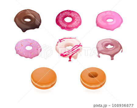 Donut constructor. Realistic different donuts glaze creation kit, doughnut cake desserts maker mix icing candy toppings, doughnuts cookie biscuit type 3d exact vector illustration 108936877
