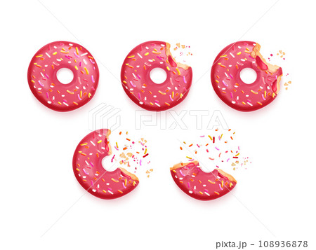 Bitten donuts. Realistic eaten donut, delicious biscuit with hole for Hanukkah, bite half doughnut colorful glazed topping and crumbs sugar delicacy icing exact vector illustration Bitten donuts. Realistic eaten donut, delicious biscuit with hole for Hanukkah, bite half doughnut colorful glazed topping and crumbs sugar delicacy icing exact vector illustration 108936878