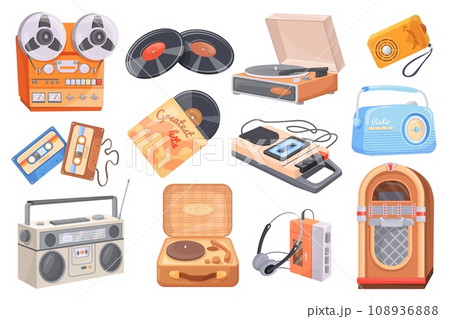 Retro radio devices. Vintage vinyl jukebox, cd player or cassette tape recorder music 1990s hipster collection, stereo home boombox audio sound equipment, neat vector illustration Retro radio devices. Vintage vinyl jukebox, cd player or cassette tape recorder music 1990s hipster collection, stereo home boombox audio sound equipment, neat vector illustration 108936888