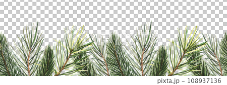 seamless border with spruce and pine branches. Hand drawn watercolor illustration. Horizontal frame with space for text for Christmas design, New Year compositions. Realistic botanical elements 108937136