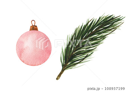 spruce branch and pink Christmas tree toy. Hand drawn watercolor illustrations. Isolated cliparts for Christmas design, New Year compositions. Realistic botanical elements spruce branch and pink Christmas tree toy. Hand drawn watercolor illustrations. Isolated cliparts for Christmas design, New Year compositions. Realistic botanical elements 108937199