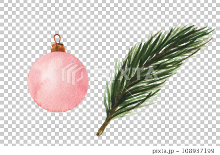 spruce branch and pink Christmas tree toy. Hand drawn watercolor illustrations. Isolated cliparts for Christmas design, New Year compositions. Realistic botanical elements spruce branch and pink Christmas tree toy. Hand drawn watercolor illustrations. Isolated cliparts for Christmas design, New Year compositions. Realistic botanical elements 108937199