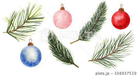 pine and spruce branch, blue and red Christmas tree toy. Hand drawn watercolor illustrations. Isolated cliparts for Christmas design, New Year compositions. Realistic botanical elements 108937519
