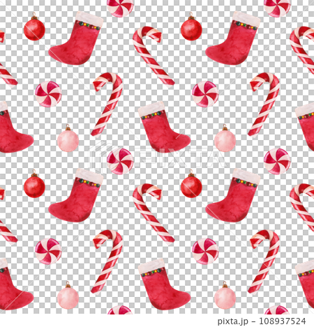 Christmas candy canes and lollipop, red sock for gifts and Christmas balls. Seamless pattern with watercolor hand drawn illustration for winter New Year holidays design, cards, scrapbooking Christmas candy canes and lollipop, red sock for gifts and Christmas balls. Seamless pattern with watercolor hand drawn illustration for winter New Year holidays design, cards, scrapbooking 108937524