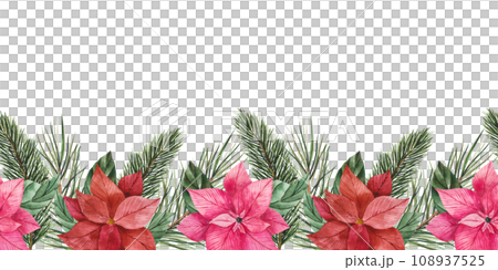 Poinsettia flower with green leaves, spruce and pine branches. Watercolor seamless horizontal border. for Christmas design, prints, stickers, packaging, textiles. Festive flower for compositions Poinsettia flower with green leaves, spruce and pine branches. Watercolor seamless horizontal border. for Christmas design, prints, stickers, packaging, textiles. Festive flower for compositions 108937525