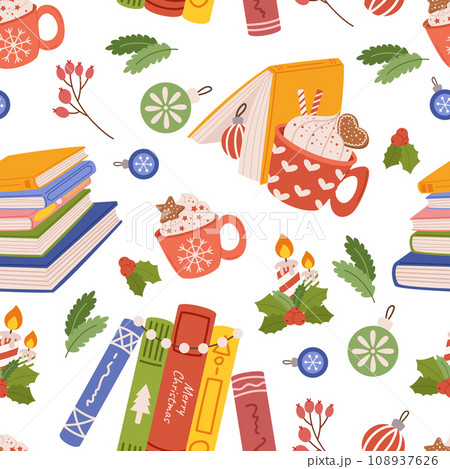 Seamless Christmas Pattern Featuring Books, Candles, Tree Branches And Cups, Creating Cozy Holiday Atmosphere 108937626