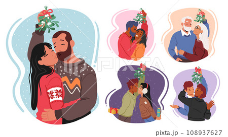 Set Of Lovers Meet Under Mistletoe, Their Eyes Lock, And They Share A Tender Kiss, Surrounded By The Magic Set Of Lovers Meet Under Mistletoe, Their Eyes Lock, And They Share A Tender Kiss, Surrounded By The Magic 108937627