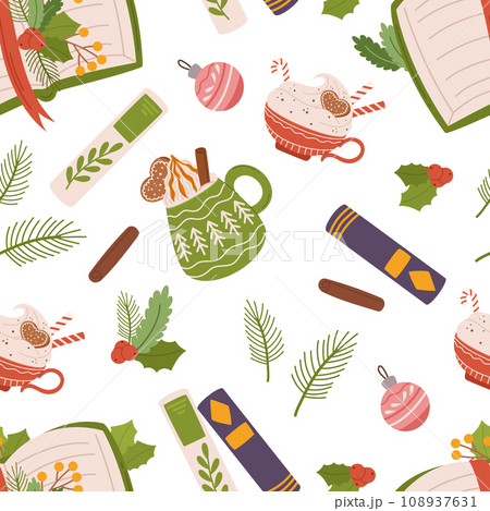 Seamless Christmas Pattern Features Festive Books And Cups, Creating A Cozy Holiday Atmosphere With Warm Drinks 108937631