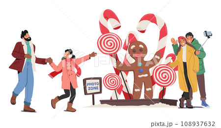 Characters Gather At Christmas Fair Photo Zone, Surrounded By Oversized Gingerbread Men, Lollipops And Candy Cane 108937632