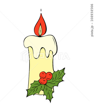 Candle with Christmas holiday decoration with Poinsettia star. Colors art drawing doodles. For Christmas card. 108938566