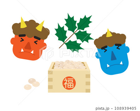 節分の豆まきと泣いている鬼のイラスト 108939405